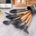 12 Piece Silicone Cooking Utensil Set with Wooden Handles and Storage Holder